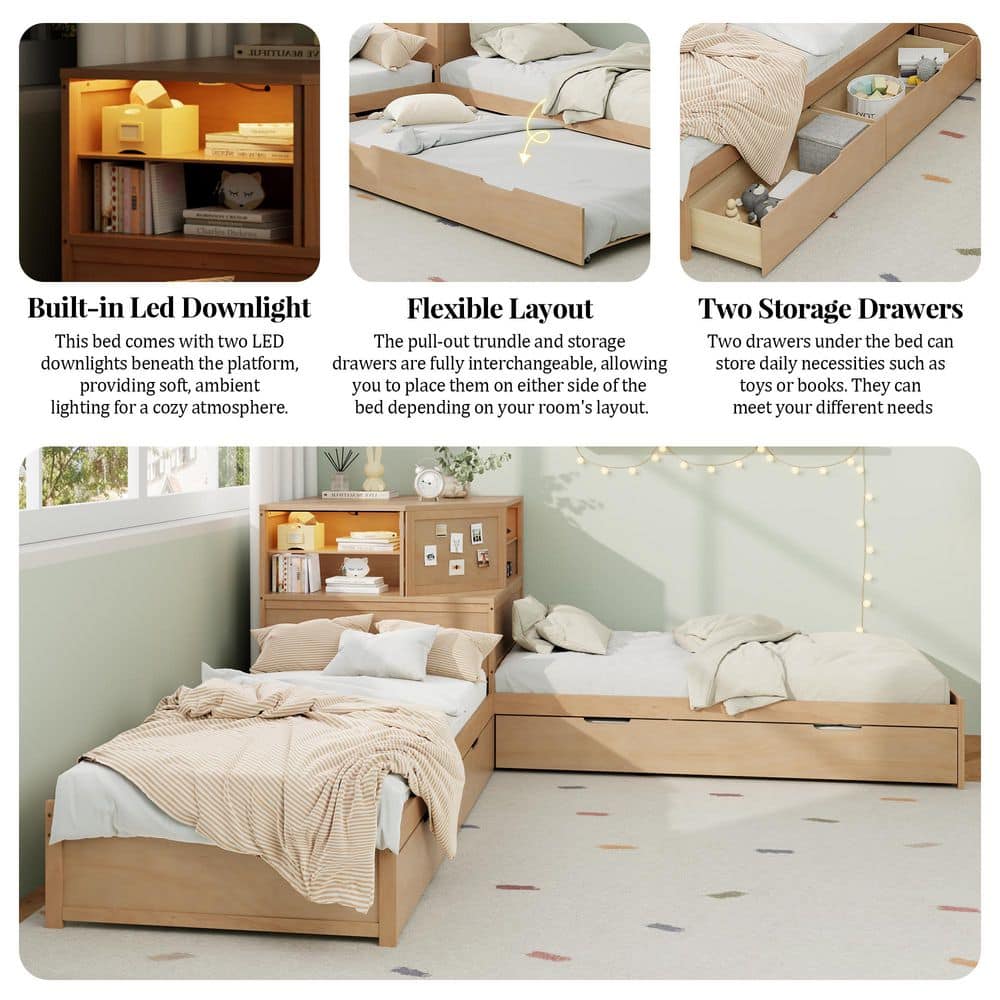 Natural (Yellow) Wood Frame Twin L-shaped Platform Bed with Trundle and Drawers Linked with Built-in Desk and LED - thumbnail 9
