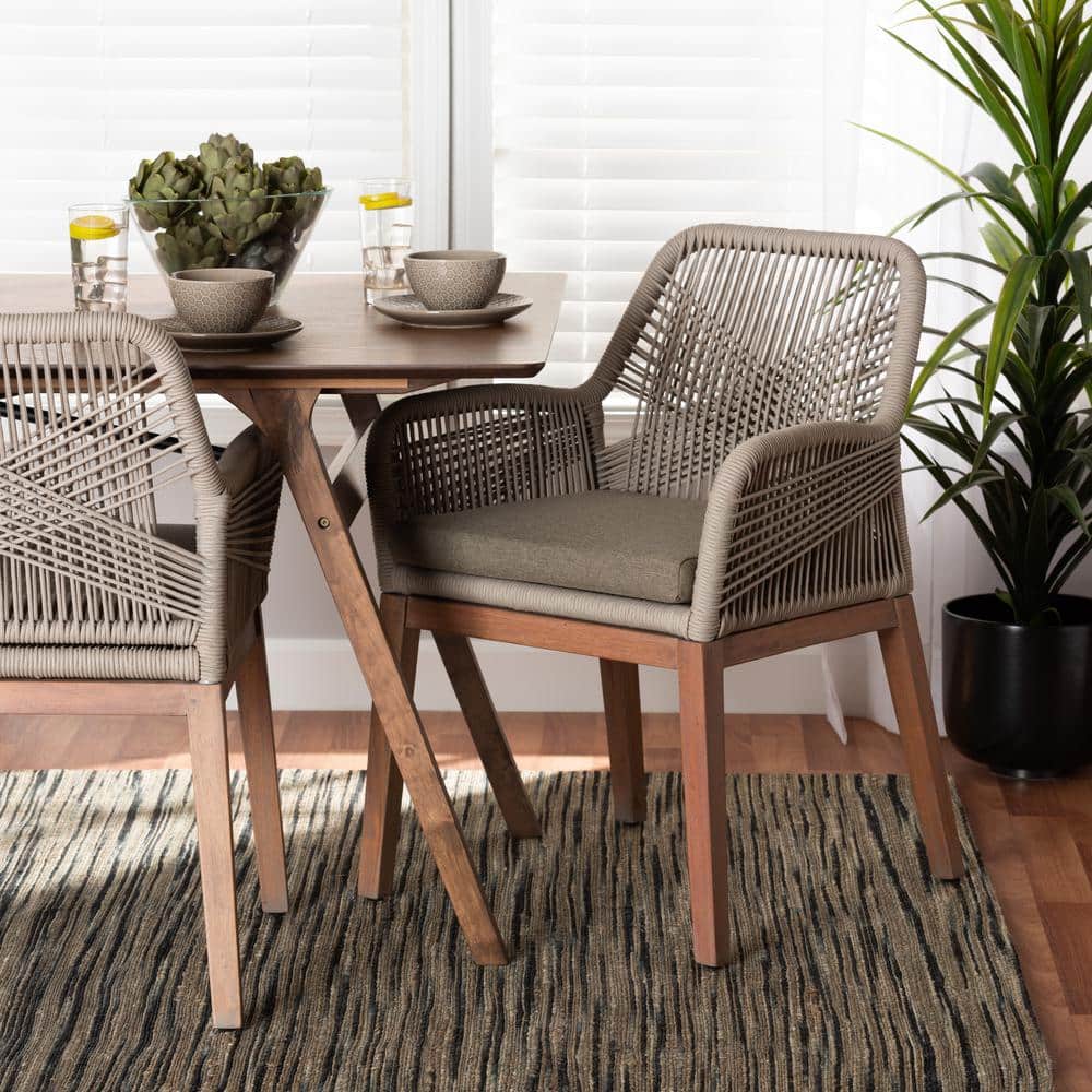 Gray Woven Rope Mahogany and Aluminum Dining Arm Chair