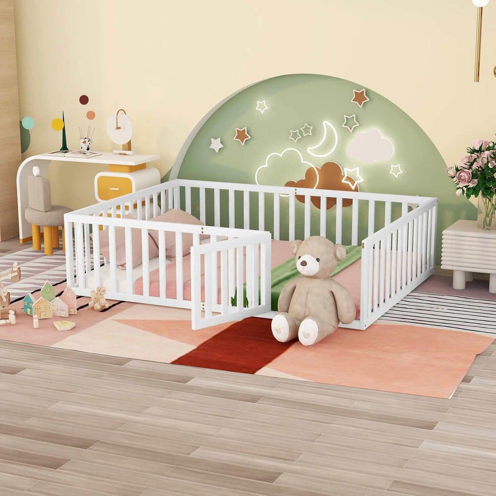 White Wood Frame Queen Size Platform Bed with Fence and Door