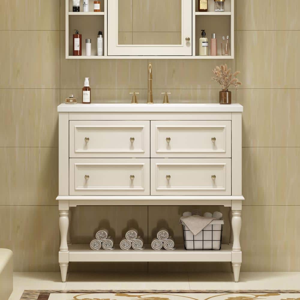 36 in. W x 18 in. D x 34 in. H Freestanding Bath Vanity in Beige with White