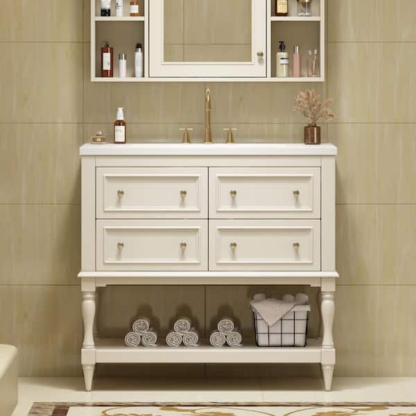 Unbranded 36 in. W x 18 in. D x 34 in. H Freestanding Bath Vanity in Beige with White Resin Top and 4-Drawers