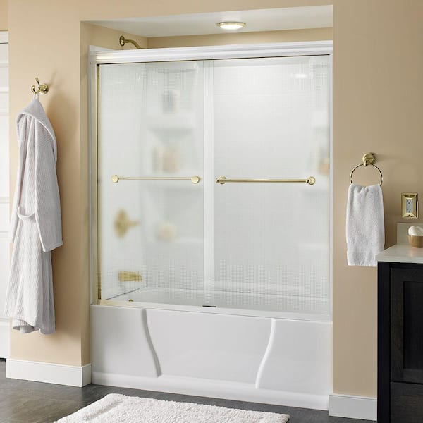 Delta Crestfield 60 in. x 58-1/8 in. Semi-Frameless Traditional Sliding Bathtub Door in White and Brass with Droplet Glass