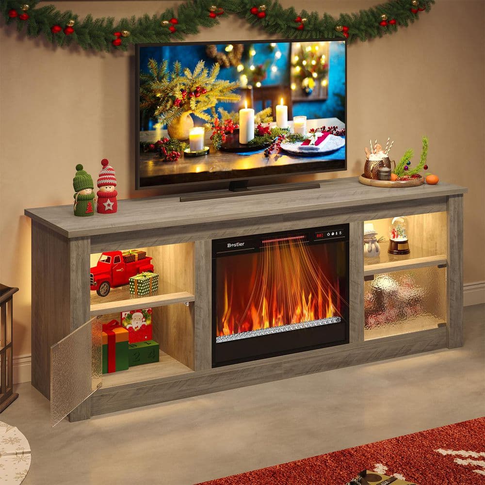 63 in. Freestanding Media Console Electric Fireplace TV Stand Fits TV'​s Up to 70 in. with Cabinet in Wash Grey price history on PriceWatchPro