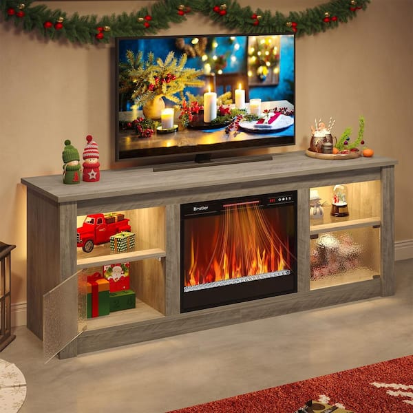 63 in. Freestanding Media Console Electric Fireplace TV Stand Fits TV'​s Up to 70 in. with Cabinet in Wash Grey