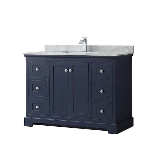 Wyndham Collection Avery 48 in. W x 22 in. D x 35 in. H Single Bath Vanity in Dark Blue with White Carrara Marble Top