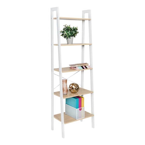 Honey-Can-Do Natural and White 5-Tier Ladder Steel A-Frame Shelving Unit (22 in. W x 67.7 in. H x 13.4 in. D)