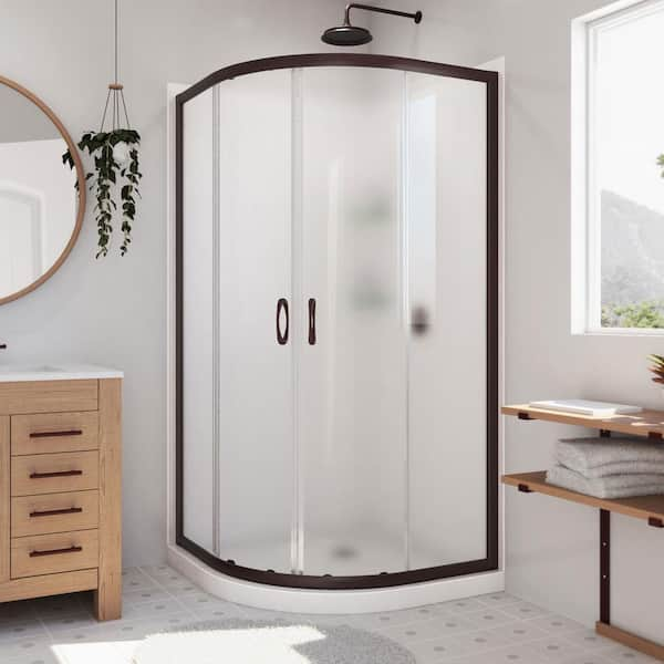 DreamLine Prime 33 in. W x 76-3/4 in. H Sliding Semi-Frameless Corner Shower Enclosure in Oil Bronze Finish with Frosted Glass