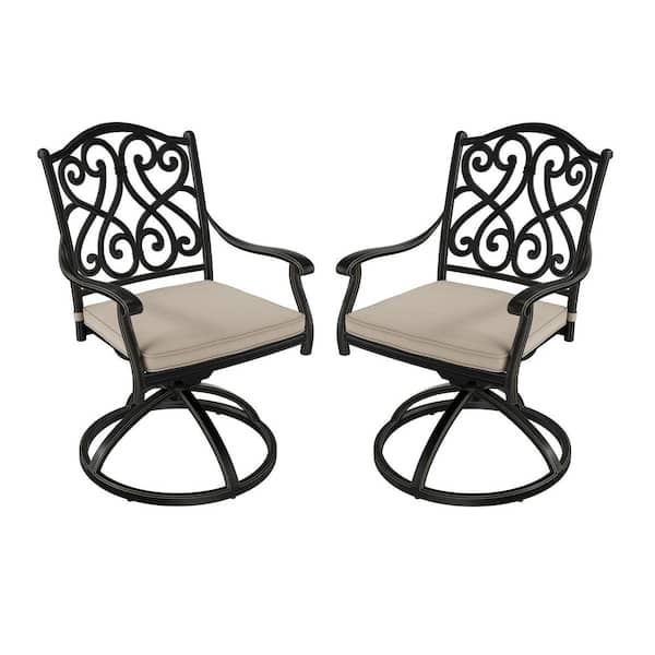 Mondawe Black Cast Aluminum Swivel Rocking Outdoor Dining Chair with Beige Cushions (4-Pack)
