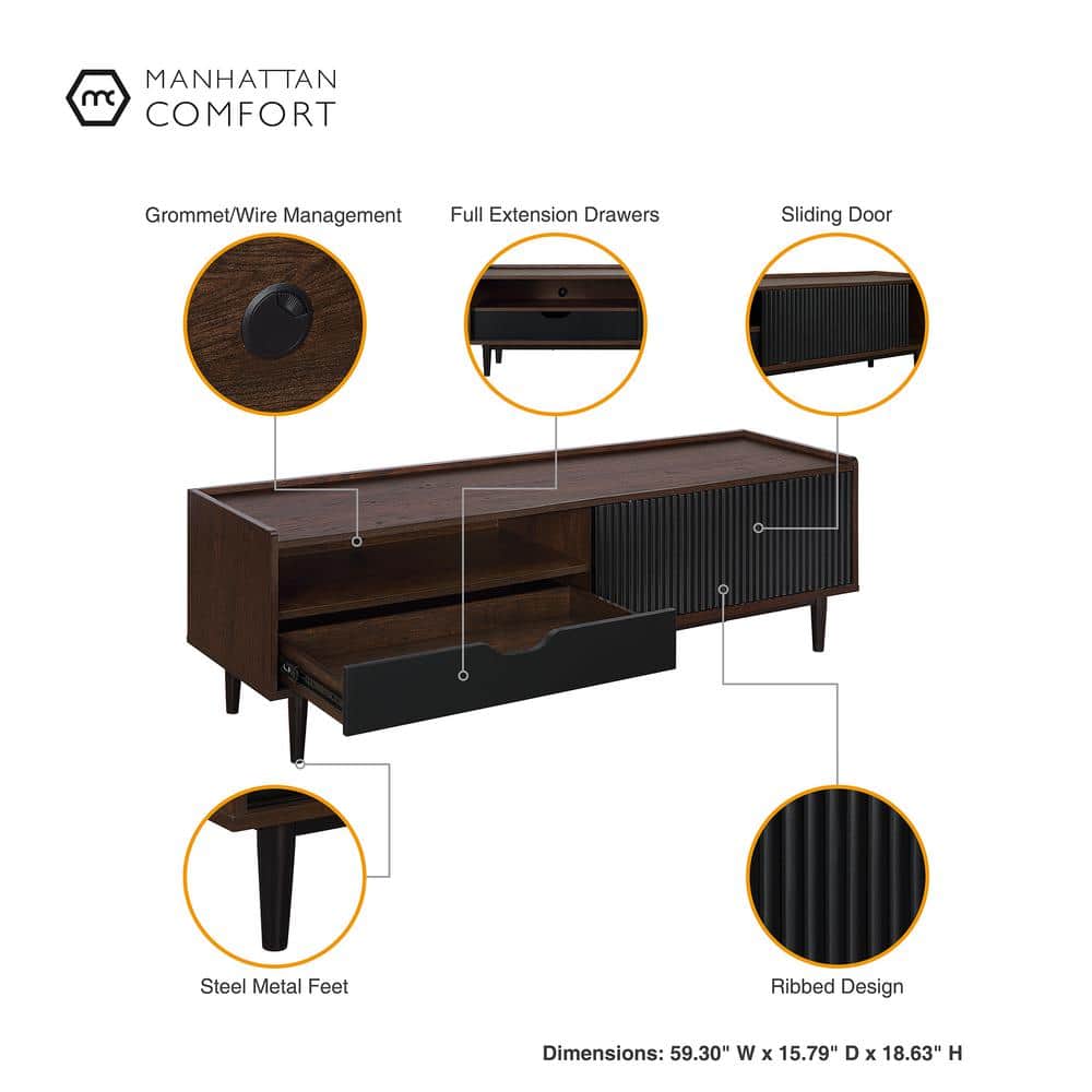 Duane Dark Brown and Black Ribbed TV Stand with Iron Legs