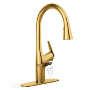 Safia 1-Handle Pull Down Sprayer Kitchen Faucet with Integrated Soap Dispenser in Vibrant Brushed Moderne Brass