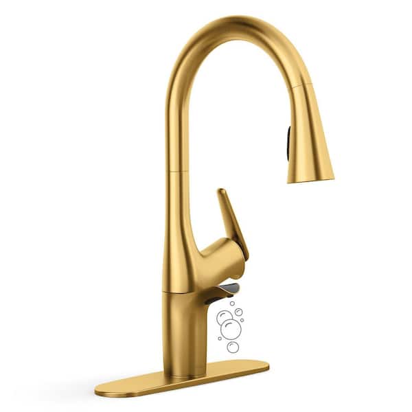 KOHLER Safia 1-Handle Pull Down Sprayer Kitchen Faucet with Integrated Soap Dispenser in Vibrant Brushed Moderne Brass