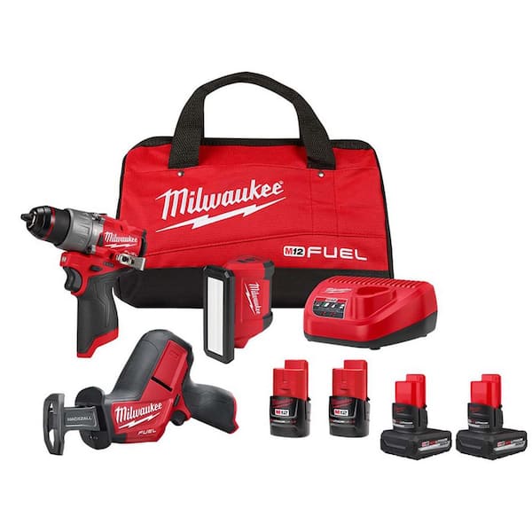 Milwaukee M12 FUEL 12-Volt Li-Ion Brushless Cordless Hammer Drill Combo Kit with Reciprocating Saw and Flood Light