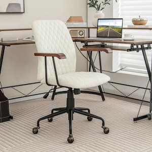 Velvet Swivel Height Adjustable Ergonomic Home Office Chair in Beige with Wooden Armrest