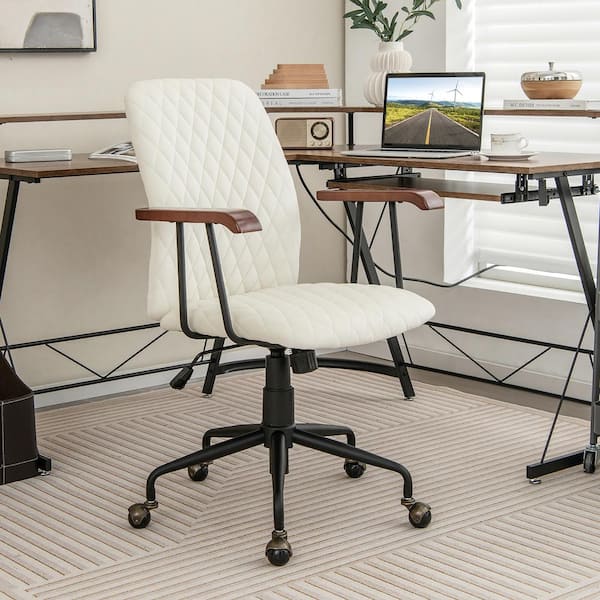 Gymax Velvet Swivel Height Adjustable Ergonomic Home Office Chair in Beige with Wooden Armrest