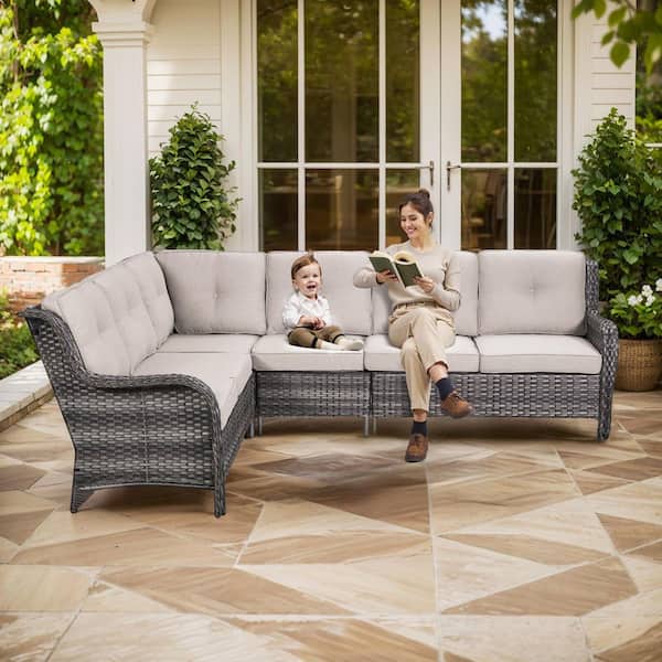 2-Piece Gray Wicker Outdoor Sectional Set with Olefin Beige Cushions/L-Shaped Sofa for Patio Furniture