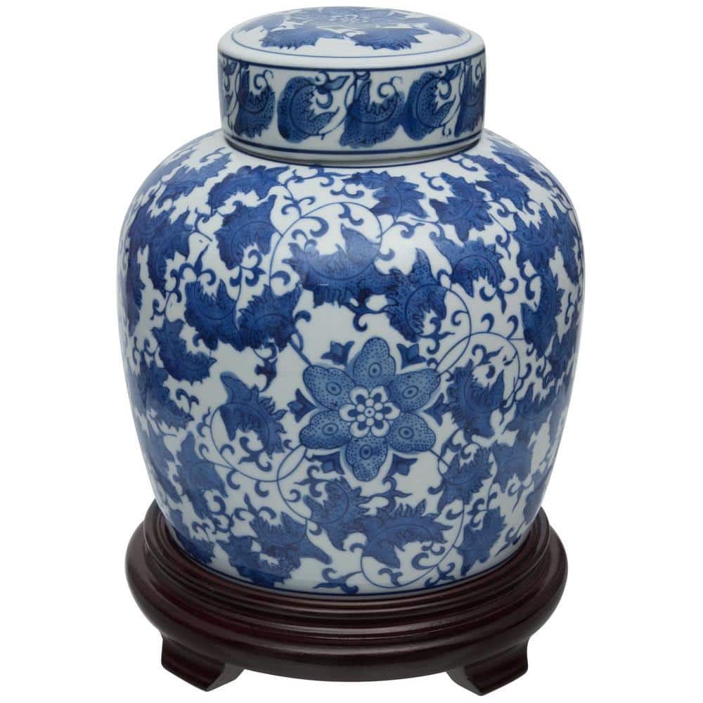 10" Blue and White Porcelain Floral Ginger Jar