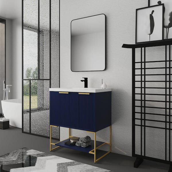 Aoibox 30 in. W x 18 in. D x 35 in. H Freestanding Bathroom Vanity in Navy Blue with Resin Top in with White Sink