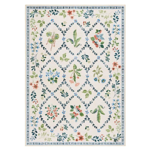 EVERWASH Haven 5 ft. x 7 ft. Ivory Floral Trellis Washable Area Rug
