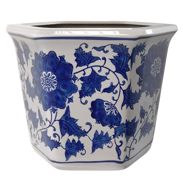 Hexagonal 8 in. L x 8 in. W x 6.25 in. H Blue and White Floral Indoor/Outdoor Ceramic Flowerpot