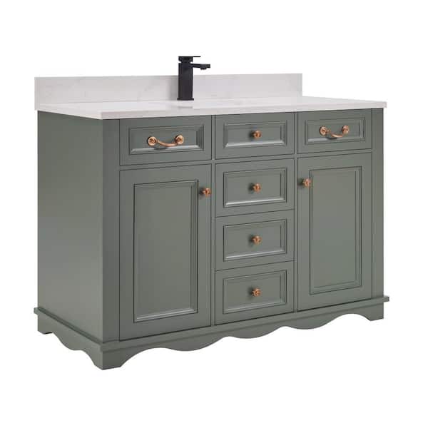 French Contemporary 48 in. Freestanding Pewter Green Bath Vanity with White Artificial Stone Top Assembled Bath Vanity