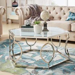 40 in. Nickel Silver White Hexagonal Metal Frosted Glass Coffee Table