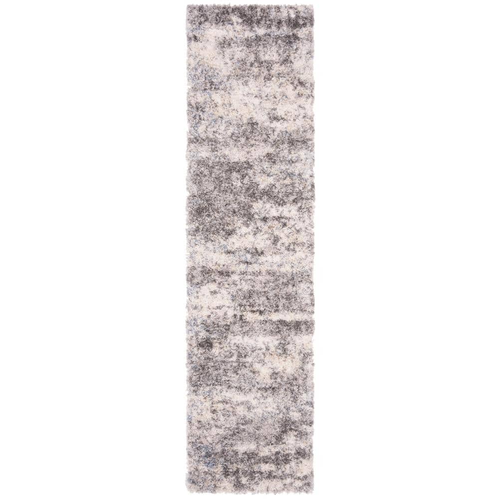 Grey and Cream Synthetic Shag Runner Rug, 2' x 14'