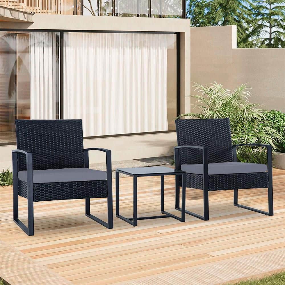 3-Piece Black Rattan Wicker Patio Outdoor Bistro Set with Grey Cushions ...
