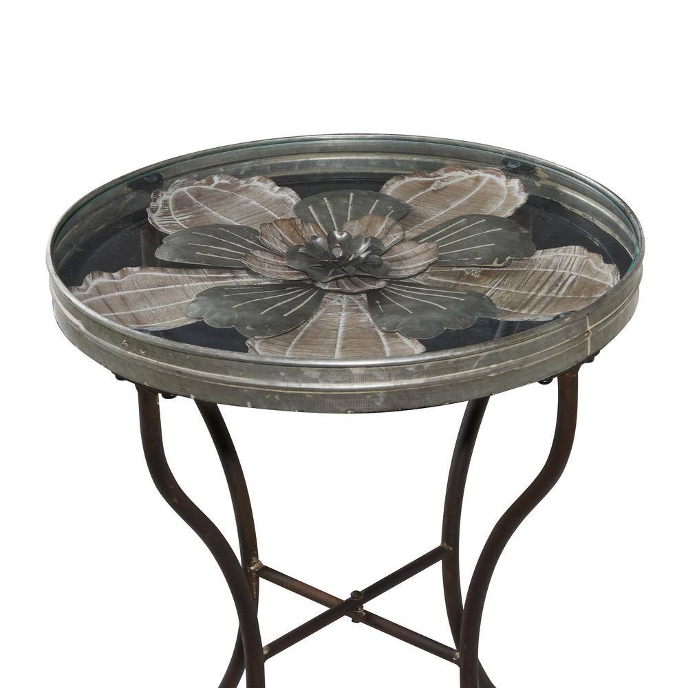 Round Weathered Metal and Glass Floral Accent Table