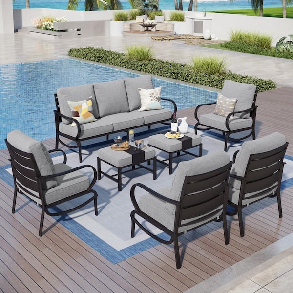 PHI VILLA Black Slatted 9-Seat 7-Piece Metal Outdoor Patio Conversation Set with Gray Cushions and 2 Ottomans