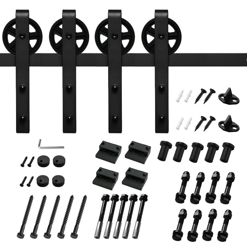 8 ft./96 in. Black Steel Sliding Barn Door Track and Hardware Kit for Doubl