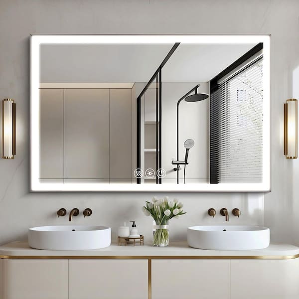 48 in. W x 32 in. H Rectangular Aluminum Framed Anti-Fog Wall Bathroom Vanity Mirror in Silver