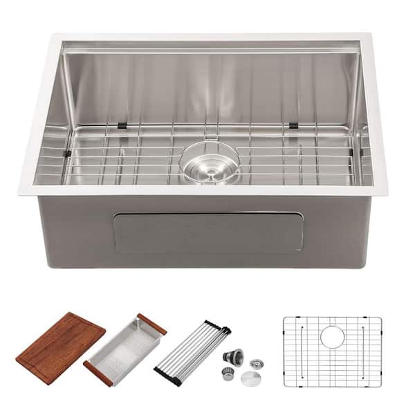 Stainless Steel 16-Gauge 27 in. Single Bowl Undermount Workstation Kitchen Sink Basin with Bottom Grid