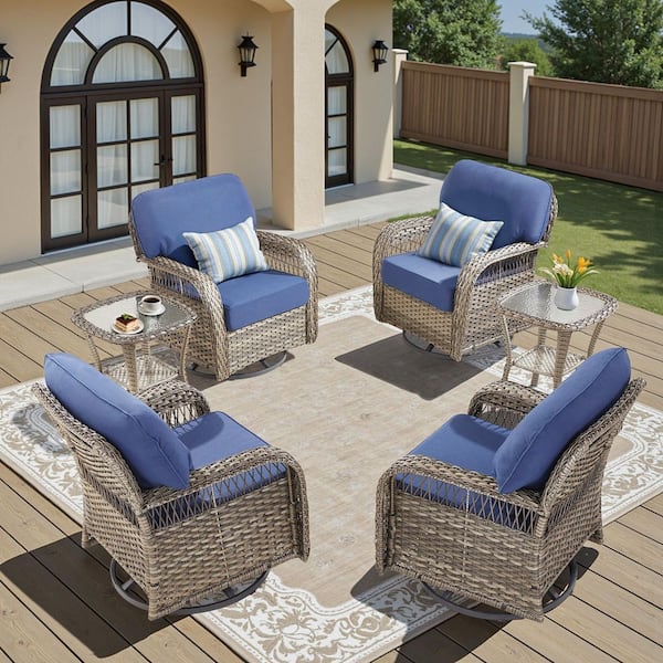 Tyber 6-Piece Gray Wicker Outdoor Rocking Chair Set Patio Swivel Glider Lounge Chair with Blue Cushions and Side Table