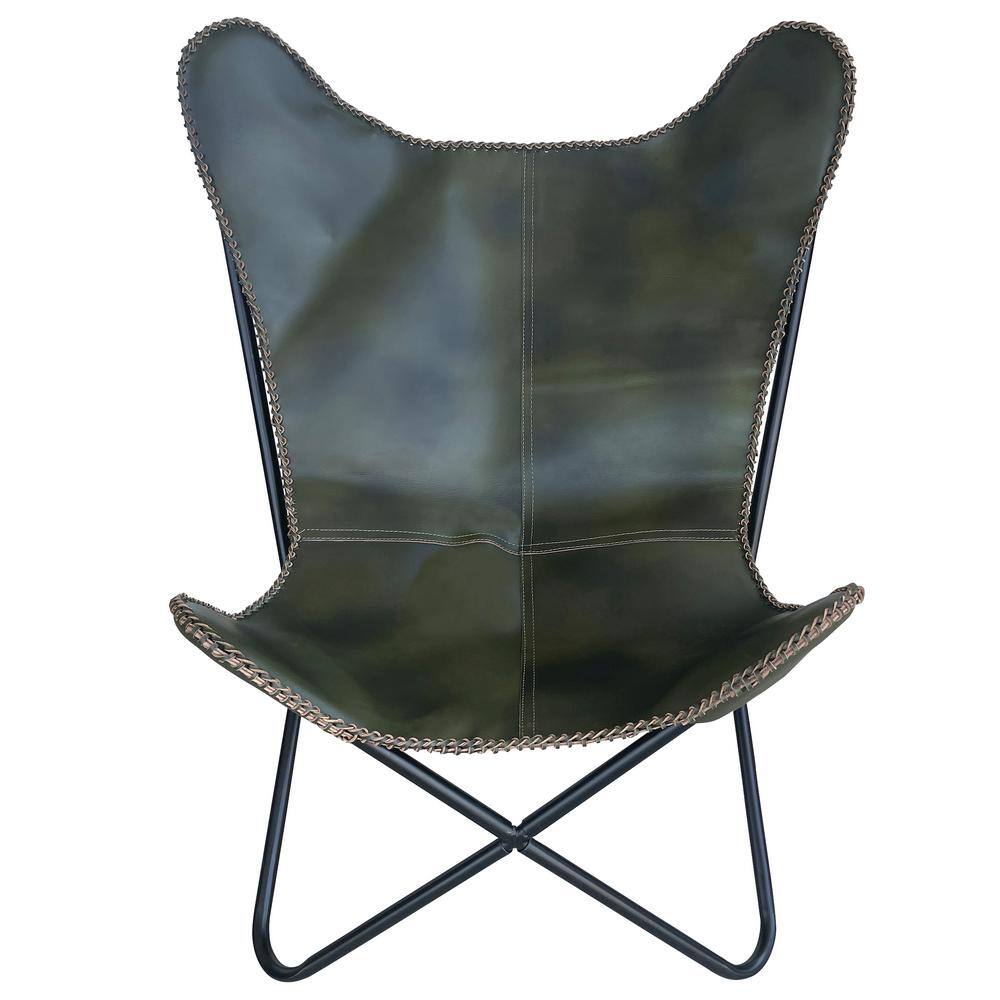 Tan Leather Butterfly Accent Chair with Metal Frame