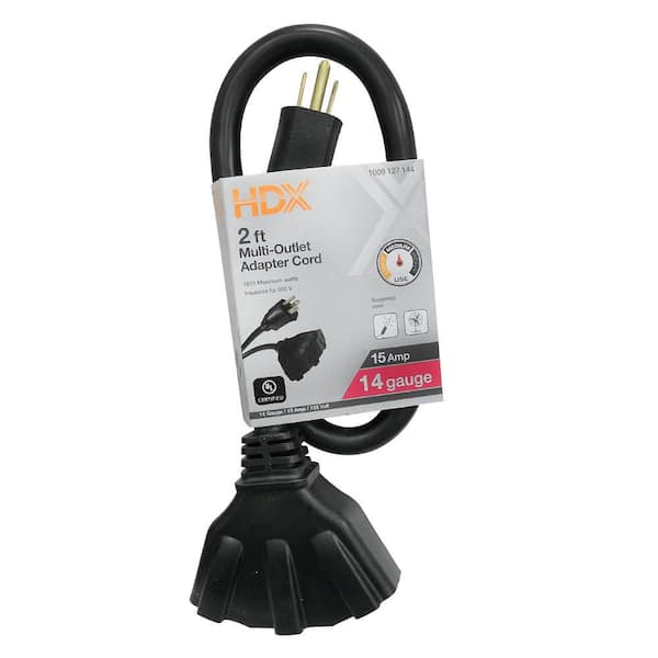 HDX 2 ft. 14/3 Medium Duty Indoor/Outdoor Adaptor Cord with Multiple Outlet Triple Tap End, Black