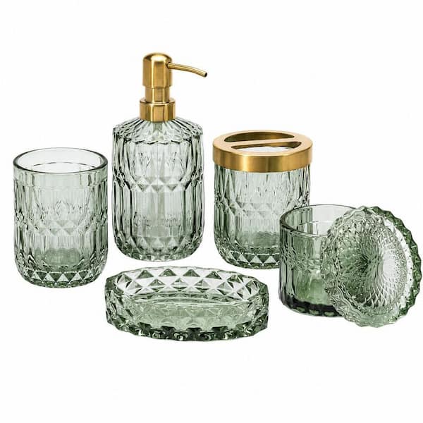 6-Piece Bath Accessory Set with Toothbrush Holder, Soap Dispenser, 2 Mason Jars, Soap Dish, Toilet Paper Basket in Green