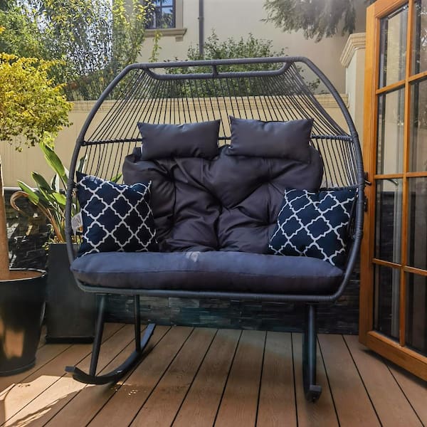 Wicker Outdoor Rocking Chair 2-Person Oversized Egg Chair with Padded Grey Cushions