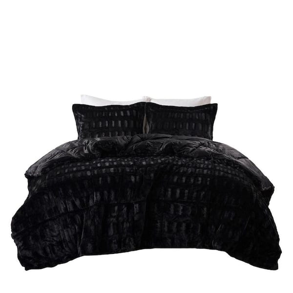 3-Piece King/Cal King Black Soft Stylish Brushed Long Faux Fur