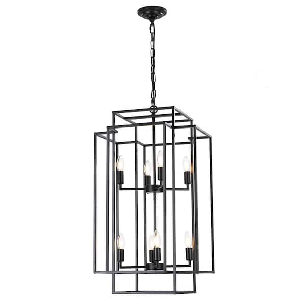 HKMGT 8-Light Black Farmhouse Pendant Tiered Geometric Chandelier for Kitchen Island, Living Room with No Bulb Included