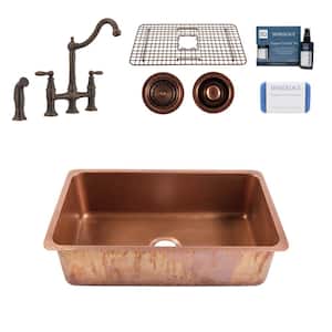 Rivera 31 in. Undermount Single Bowl 16 Gauge Antique Copper Kitchen Sink with Courant Bridge Faucet Kit