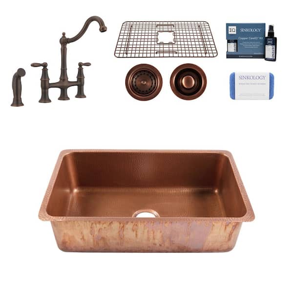 SINKOLOGY Rivera 31 in. Undermount Single Bowl 16 Gauge Antique Copper Kitchen Sink with Courant Bridge Faucet Kit