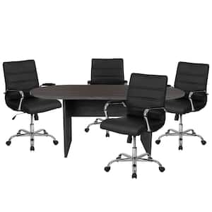 35 in. Rustic Gray Oval Engineered Wood Conference Desk Set with Black Task Chairs