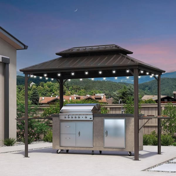 6.5 ft. x 10 ft. Hardtop Grill Gazebo for Patio Aluminum Barbecue Shelter Gazebo, Hooks,Shelves Double Tiered 24-Lights