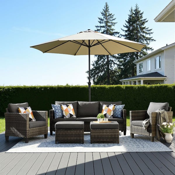 New Vultros Gray 5-Piece Wicker Outdoor Patio Conversation Seating Set with Black Cushions