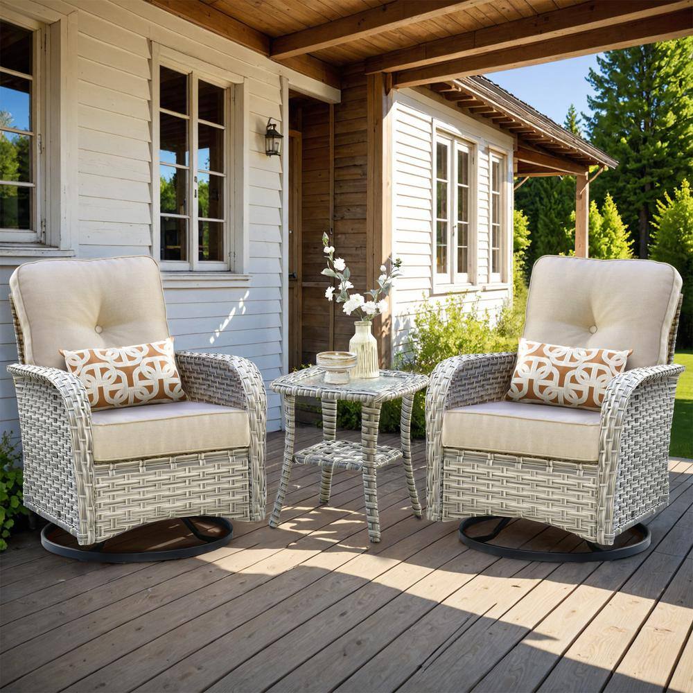 Clara 3-Piece Wicker Outdoor Patio Conversation Swivel Chair Set with a Side Table and Beige Cushions price history on PriceWatchPro