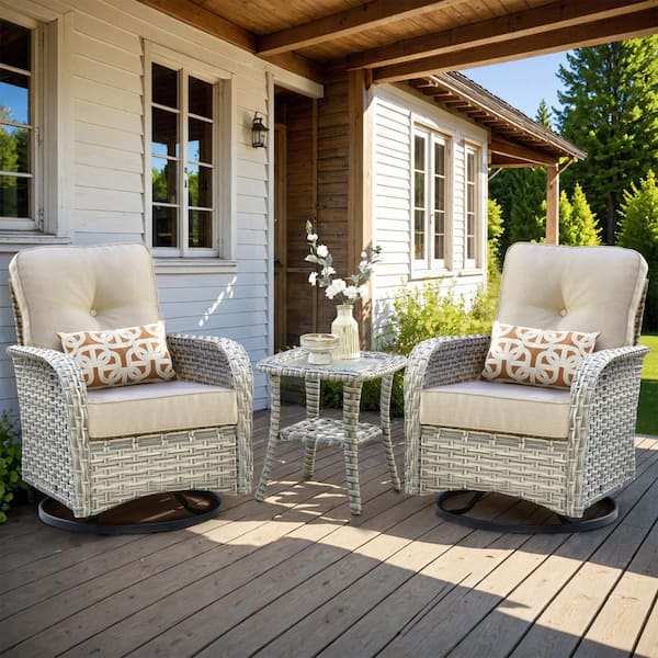 Clara 3-Piece Wicker Outdoor Patio Conversation Swivel Chair Set with a Side Table and Beige Cushions
