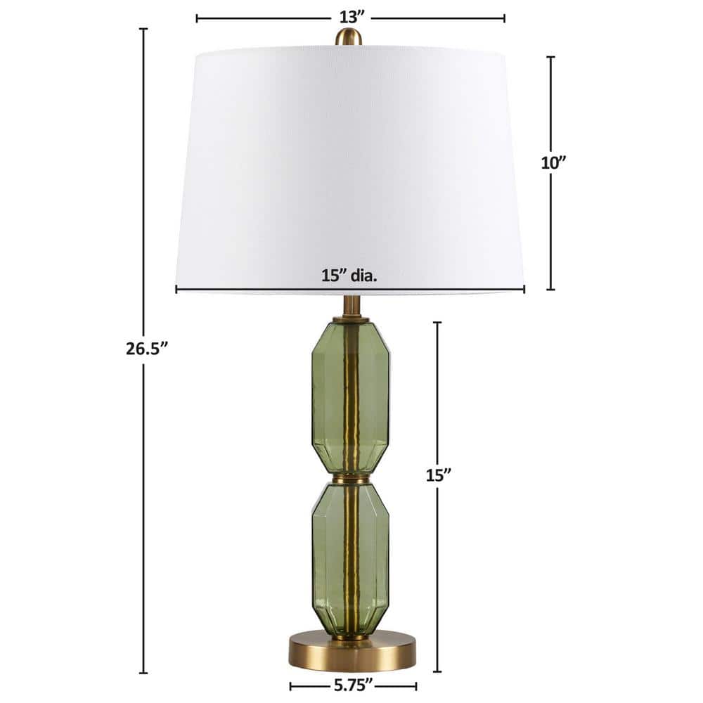 Green Faceted Glass Table Lamp with White Shade and Gold Base