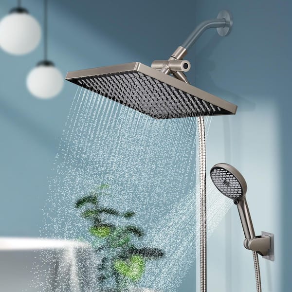 Rainfull 6-Spray 12 in. Wall Mount Dual Shower Head and Handheld Shower Head 1.8 GPM in Brushed Nickel