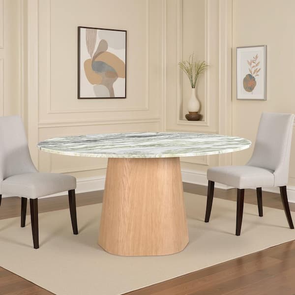 Eden Contemporary Green Onyx Marble and Oak Veneer 60 in. Pedestal Base Round Dining Table, Seats 8