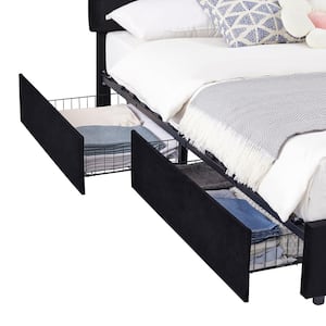 Upholstered Bed Frame Black Full Metal Frame With 4-Storage Drawers and Adjustable Headboard Platform Bed Frame